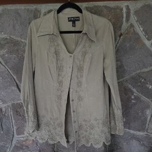 Sandy Rogers Women's Embroidered Beige Button Down Shirt
